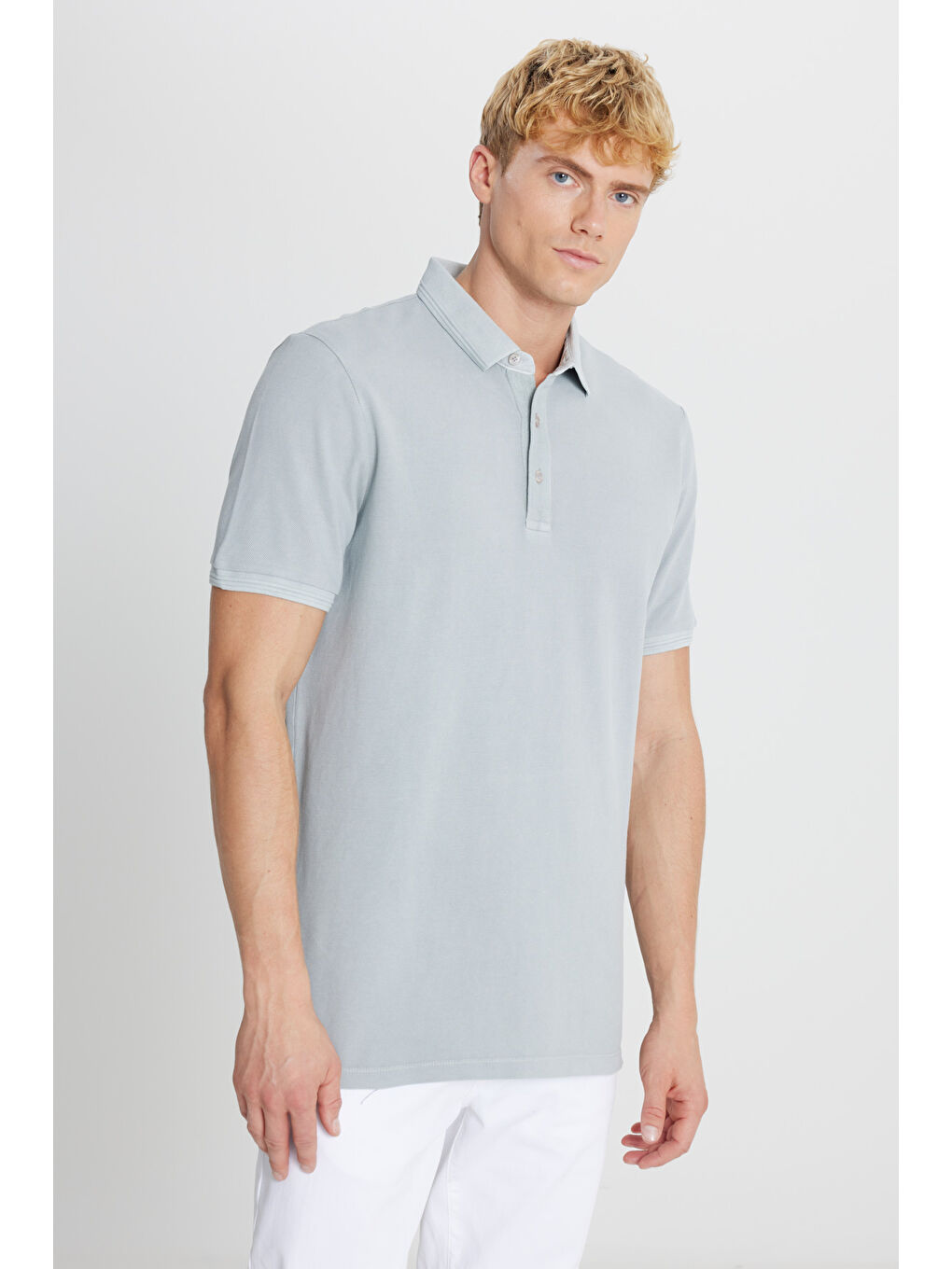 Erkek Gri %100 Pamuk Slim Fit Dar Kesim Polo Yaka Tişört-2