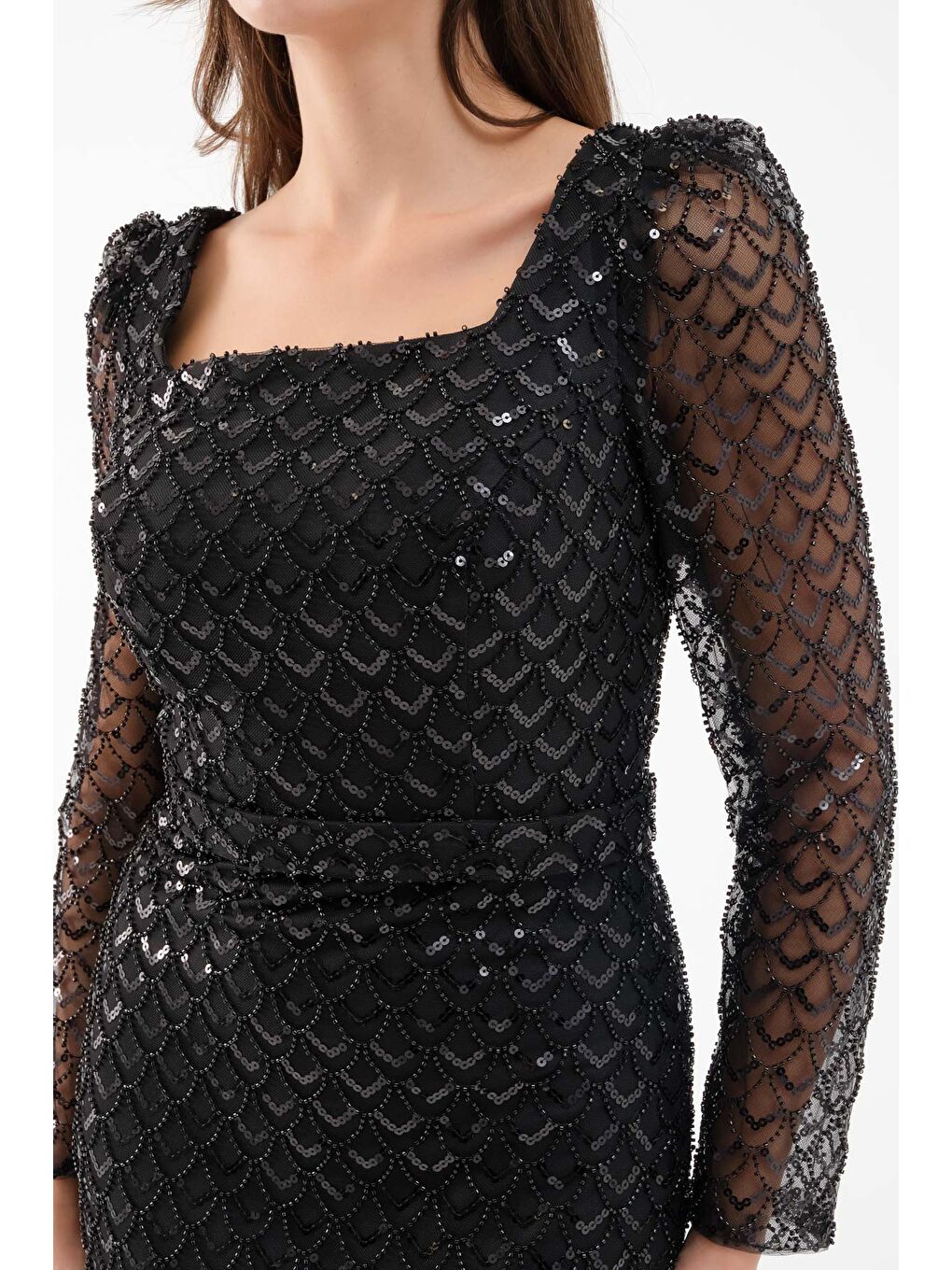 Kadın Siyah Kare Yaka Uzun Kollu Boncuklu Uzun Abiye Elbise-1