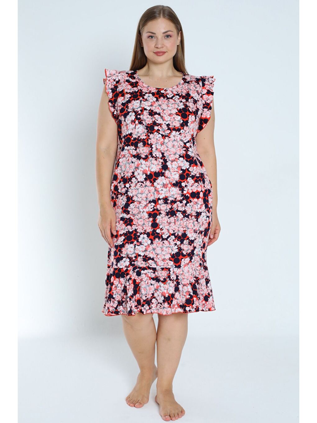 Siyah Kadın Büyük Beden Desenli %100 Pamuk Cepli Kolu ve Eteği Fırfırlı Elbise-2