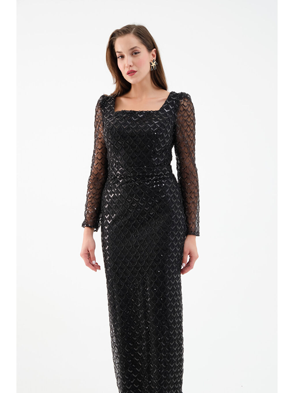 Kadın Siyah Kare Yaka Uzun Kollu Boncuklu Uzun Abiye Elbise-2