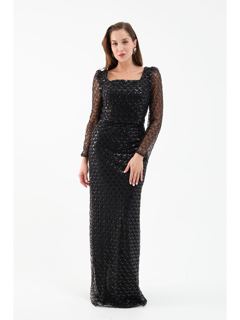 Kadın Siyah Kare Yaka Uzun Kollu Boncuklu Uzun Abiye Elbise-3