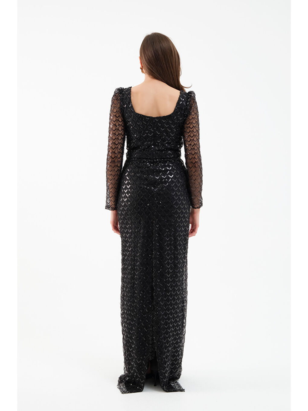 Kadın Siyah Kare Yaka Uzun Kollu Boncuklu Uzun Abiye Elbise-4