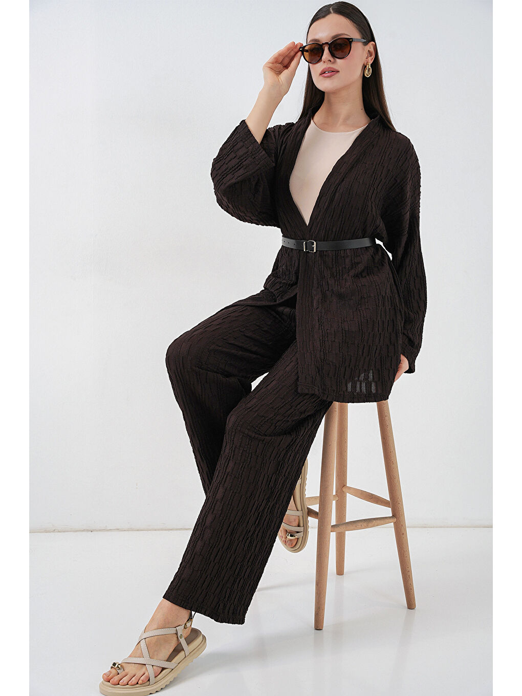 Kadın Kimono Pantolon İkili Takım 30078 - Kahverengi-1