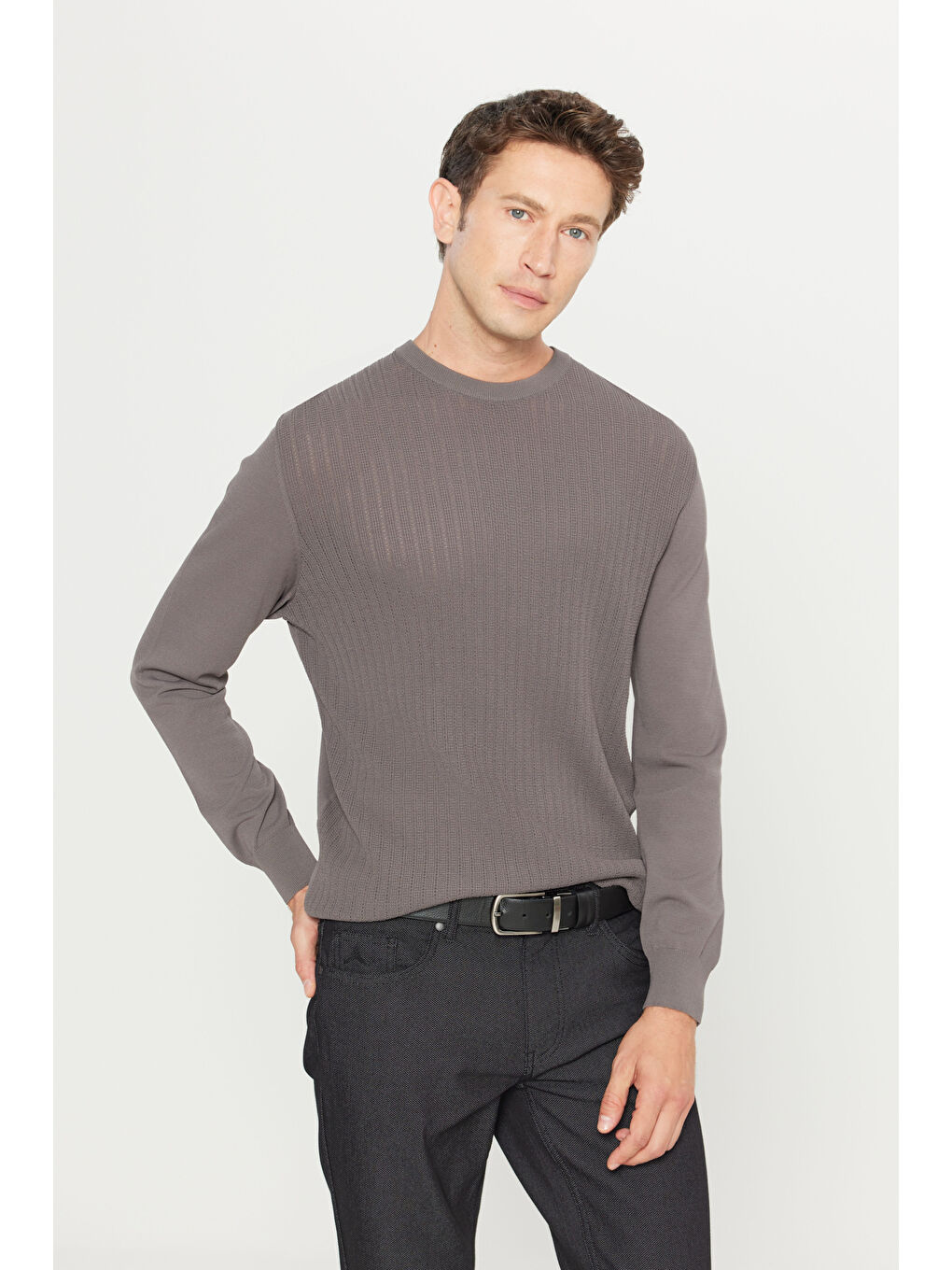 Erkek Antrasit Standart Fit Normal Kesim Bisiklet Yaka Jakarlı Triko Kazak-2