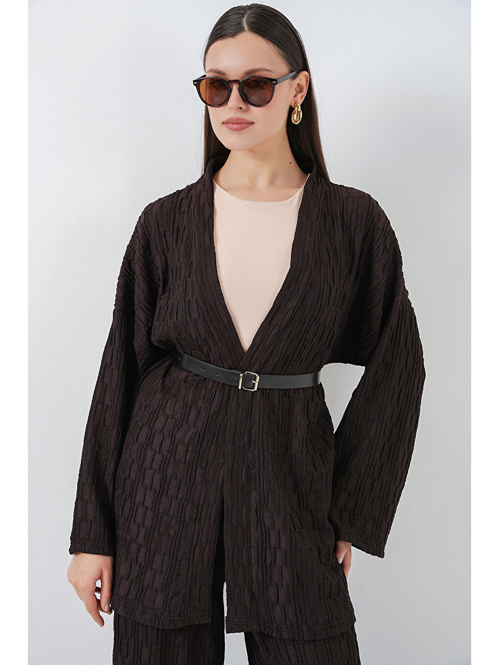 Kadın Kimono Pantolon İkili Takım 30078 - Kahverengi-2