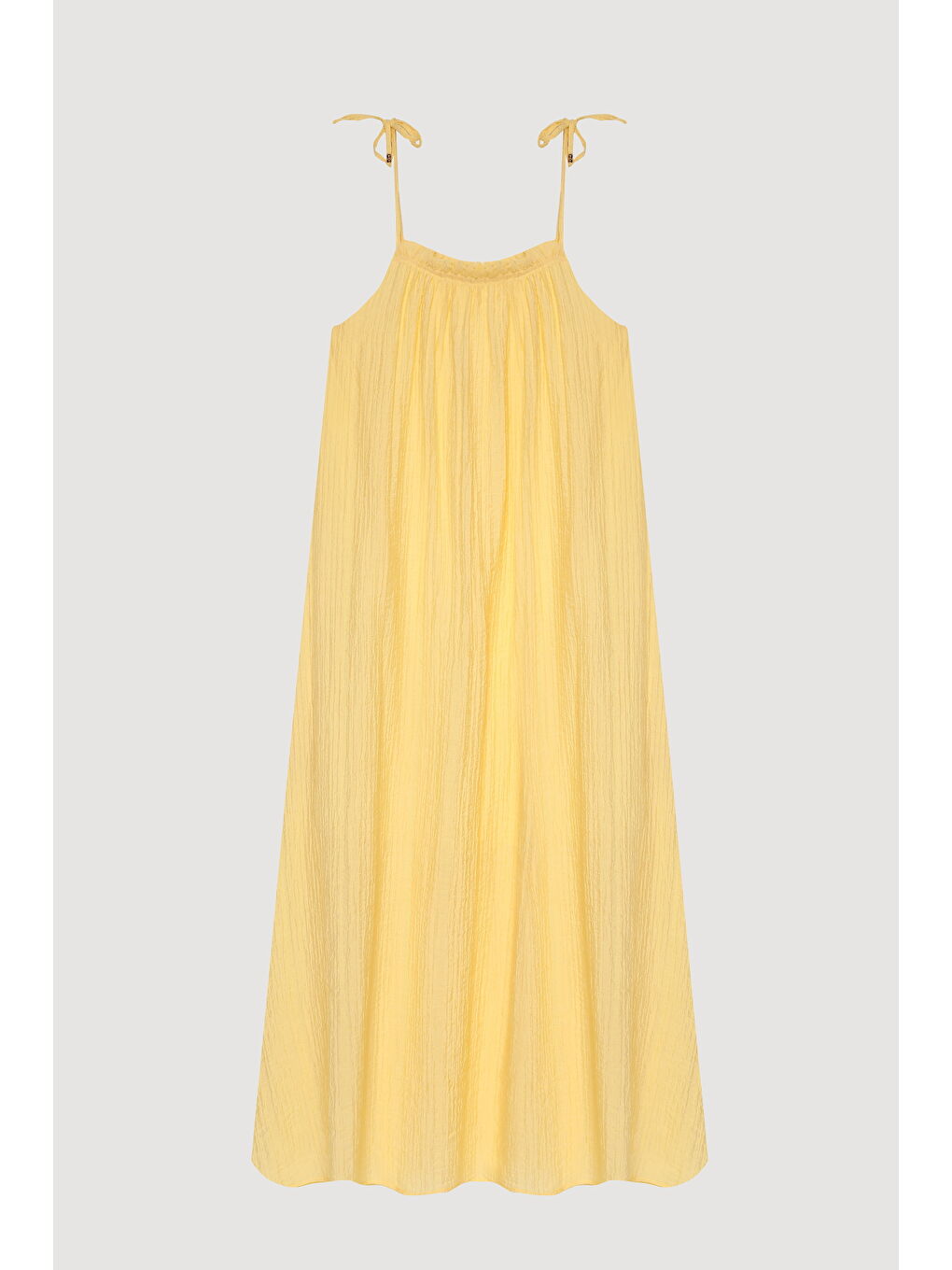Bağlama İp Askılı Gofre Uzun Elbise Sarı