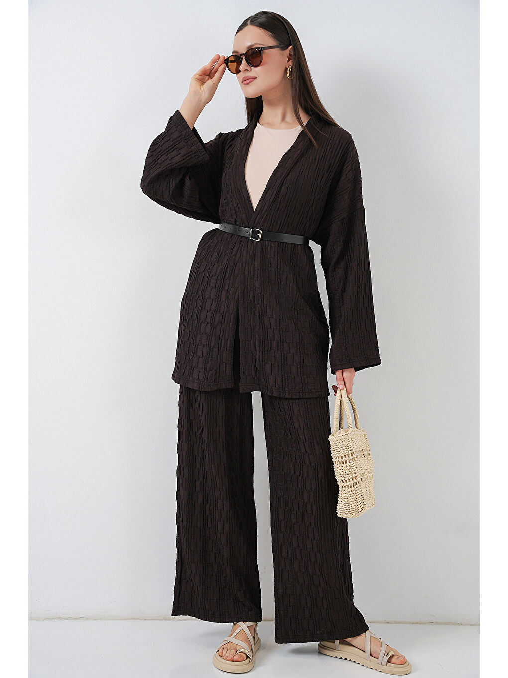 Kadın Kimono Pantolon İkili Takım 30078 - Kahverengi-3