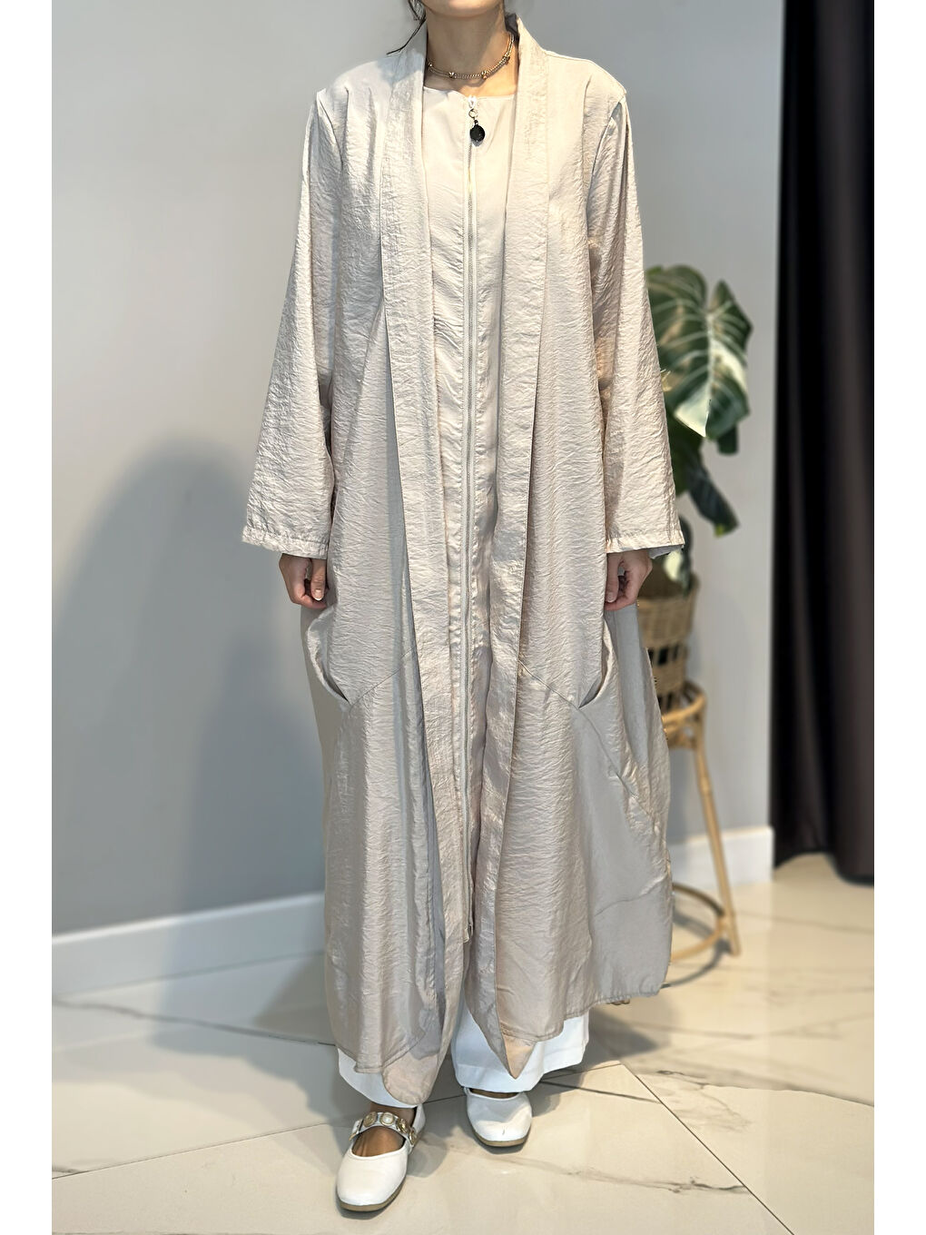 Önü Fermuarlı Şal Yaka Dubai Kap 5860 Bej-3