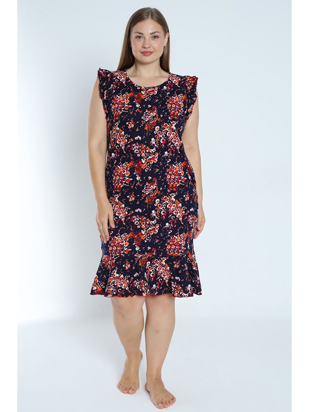 Lacivert kadın lacivert büyük beden desenli %100 pamuk cepli kolu ve eteği fırfırlı elbise-1