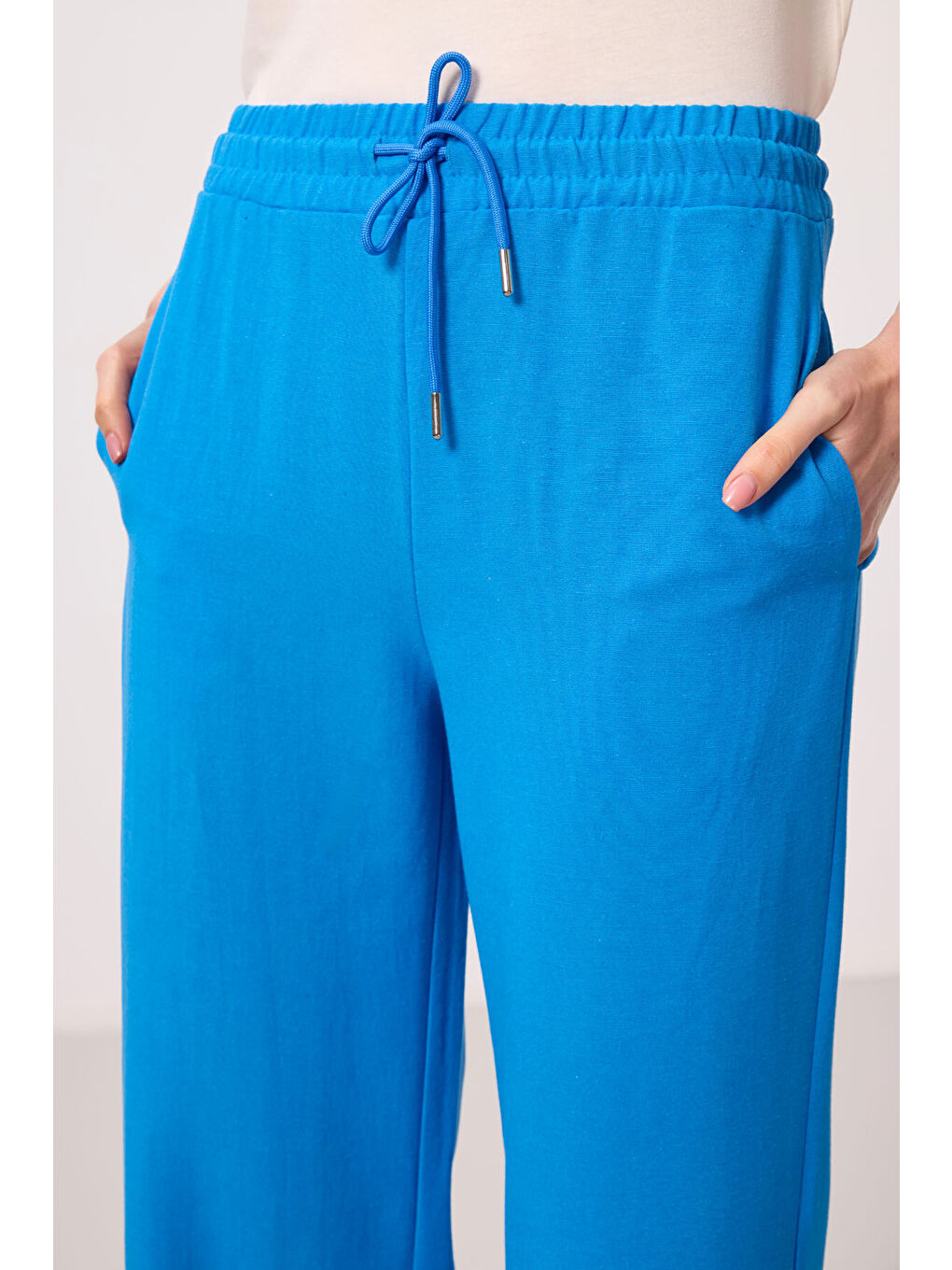 Mavi Keten Geniş Paça Rahat Form Kadın Palazzo Pantolon - 94675-7