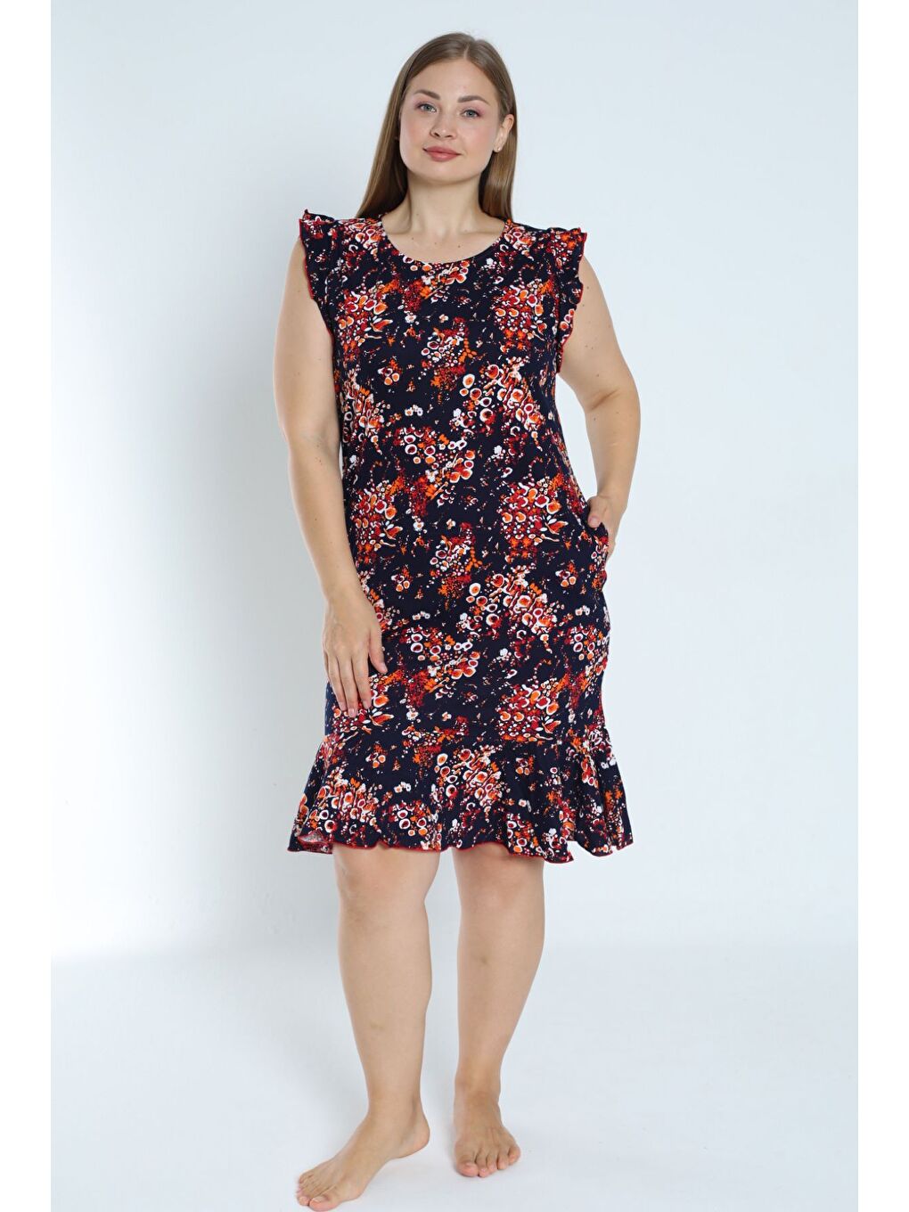 Lacivert kadın lacivert büyük beden desenli %100 pamuk cepli kolu ve eteği fırfırlı elbise-3