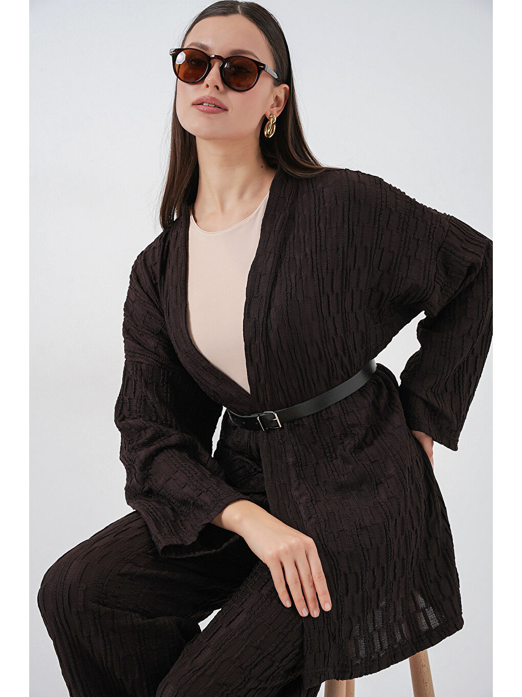 Kadın Kimono Pantolon İkili Takım 30078 - Kahverengi-4