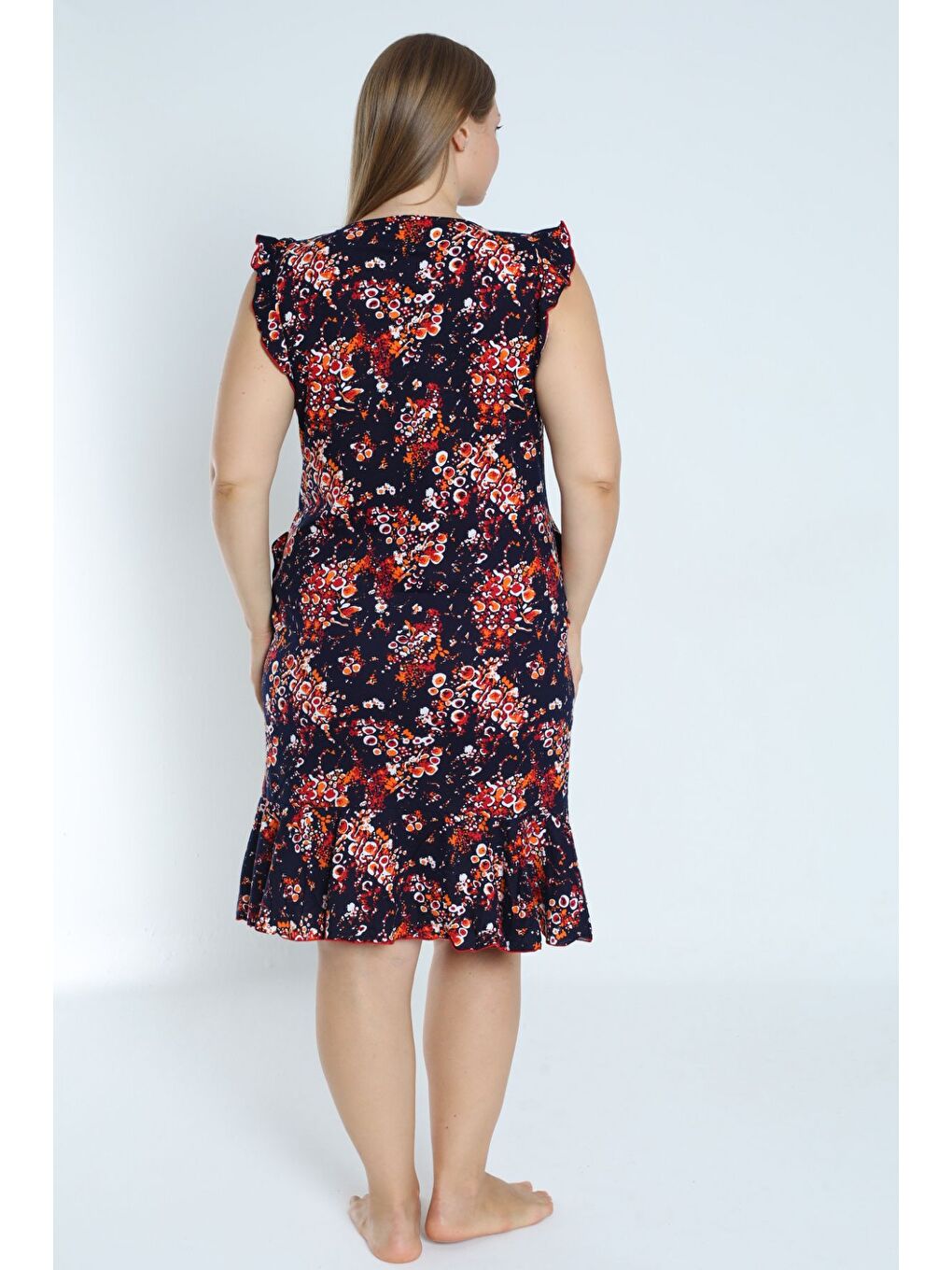 Lacivert kadın lacivert büyük beden desenli %100 pamuk cepli kolu ve eteği fırfırlı elbise-4