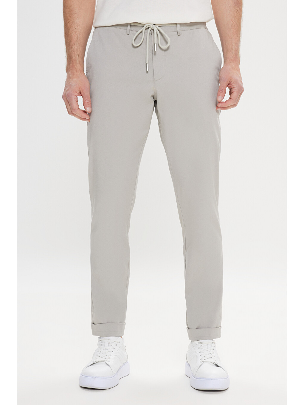 Açık Gri Comfort Fit Rahat Kesim Yan Cepli Desenli Beli Lastikli Erkek Pantolon