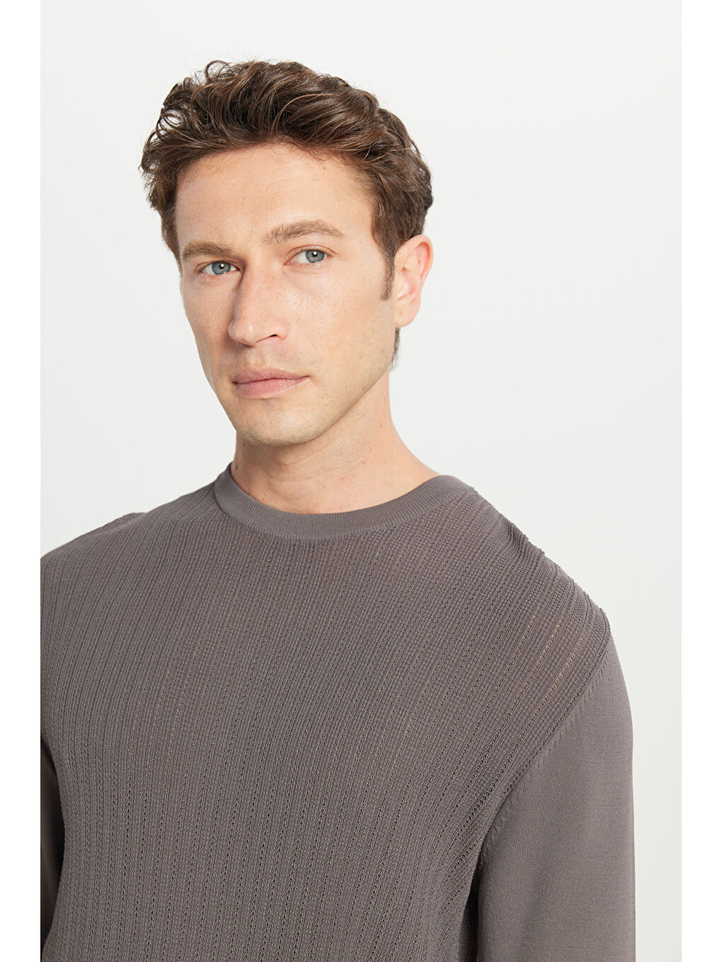 Erkek Antrasit Standart Fit Normal Kesim Bisiklet Yaka Jakarlı Triko Kazak-3