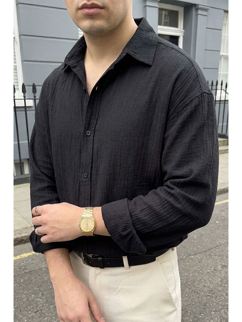 Siyah Yurin Erkek Premium Müslin %100 Pamuk Oversize Uzun Kollu Gömlek-3