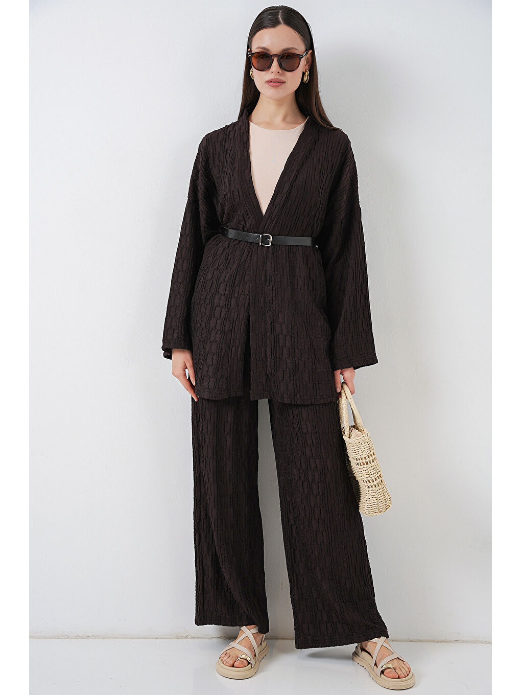 Kadın Kimono Pantolon İkili Takım 30078 - Kahverengi-5