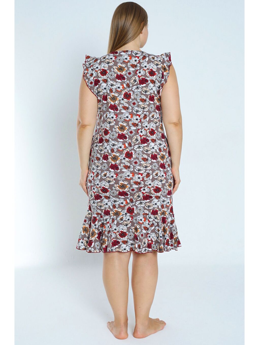 Kahverengi kadın büyük beden %100 pamuk desenli cepli kolu ve eteği fırfırlı elbise-3