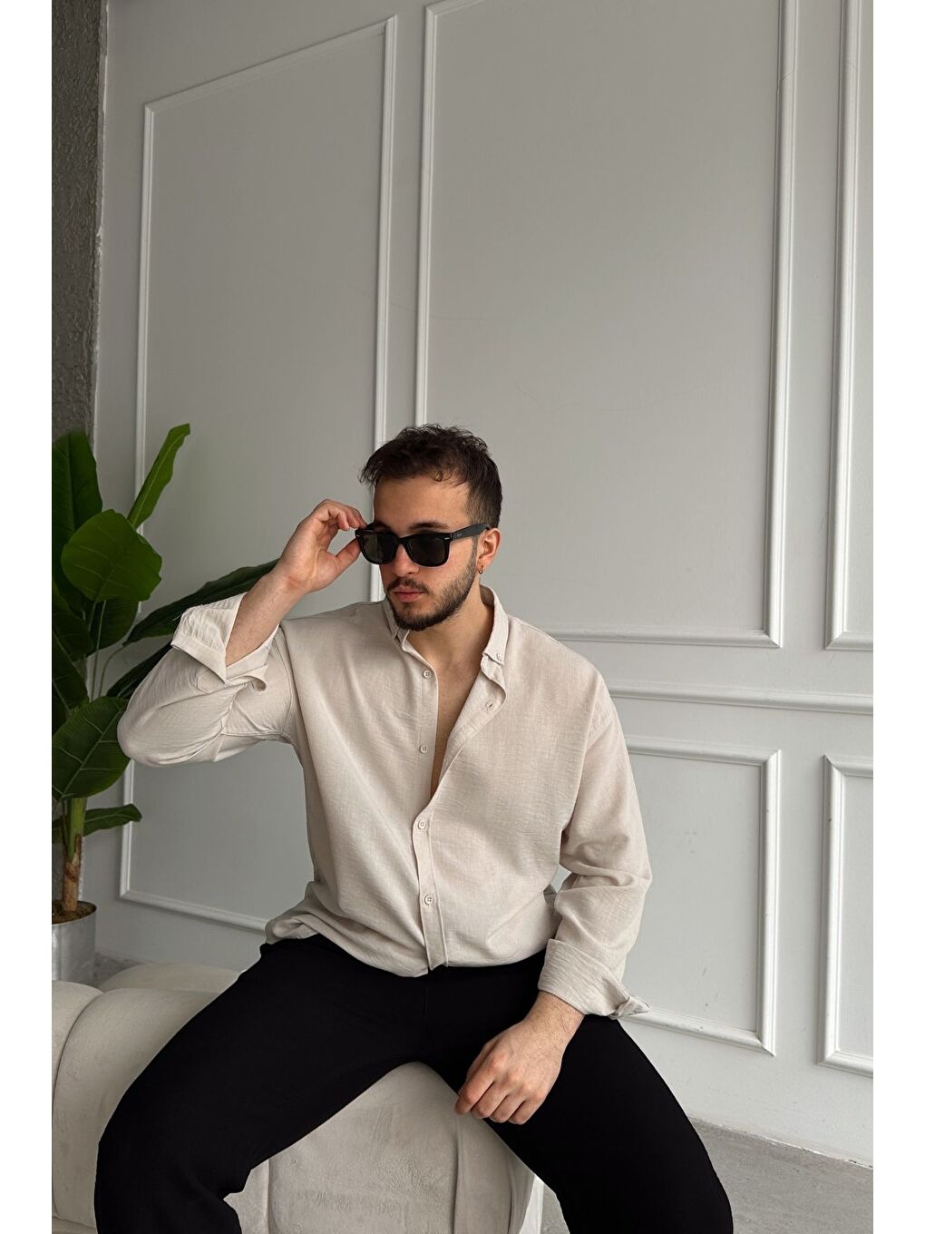 Bej Napas Erkek Oversize Keten Görünümlü Gömlek