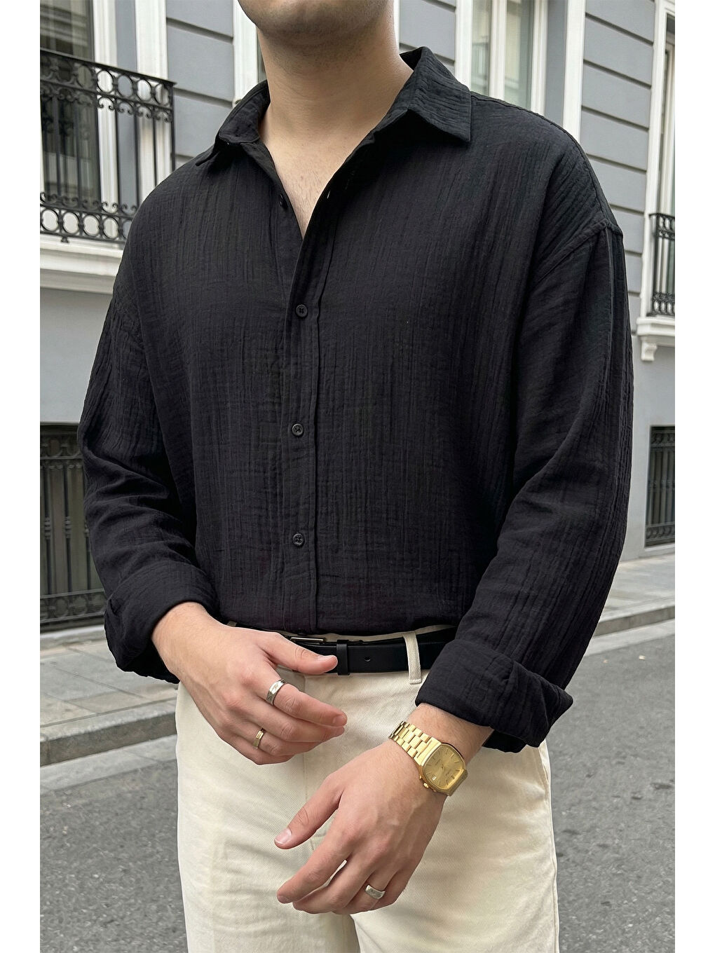 Siyah Yurin Erkek Premium Müslin %100 Pamuk Oversize Uzun Kollu Gömlek-4