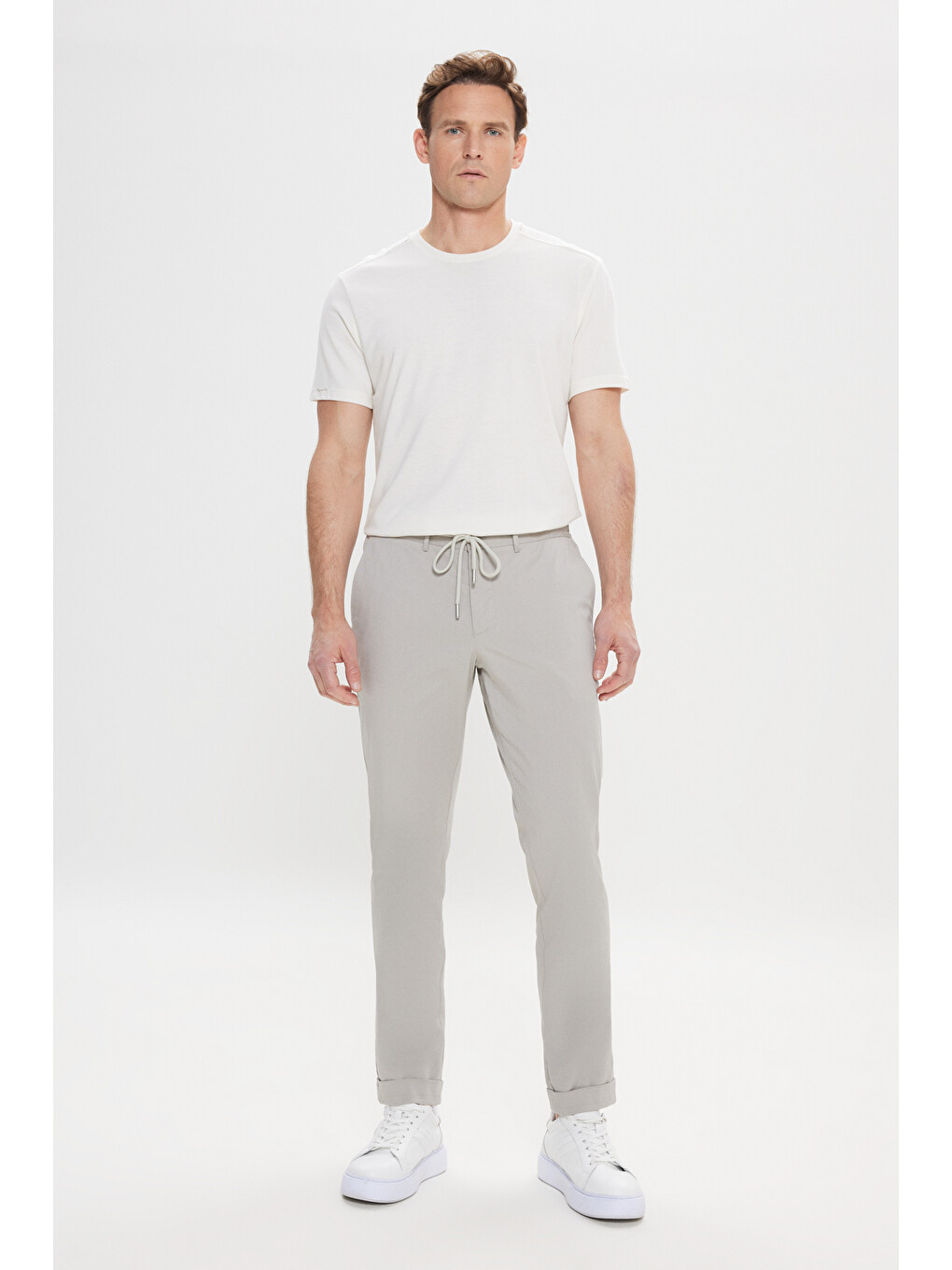 Açık Gri Comfort Fit Rahat Kesim Yan Cepli Desenli Beli Lastikli Erkek Pantolon-2