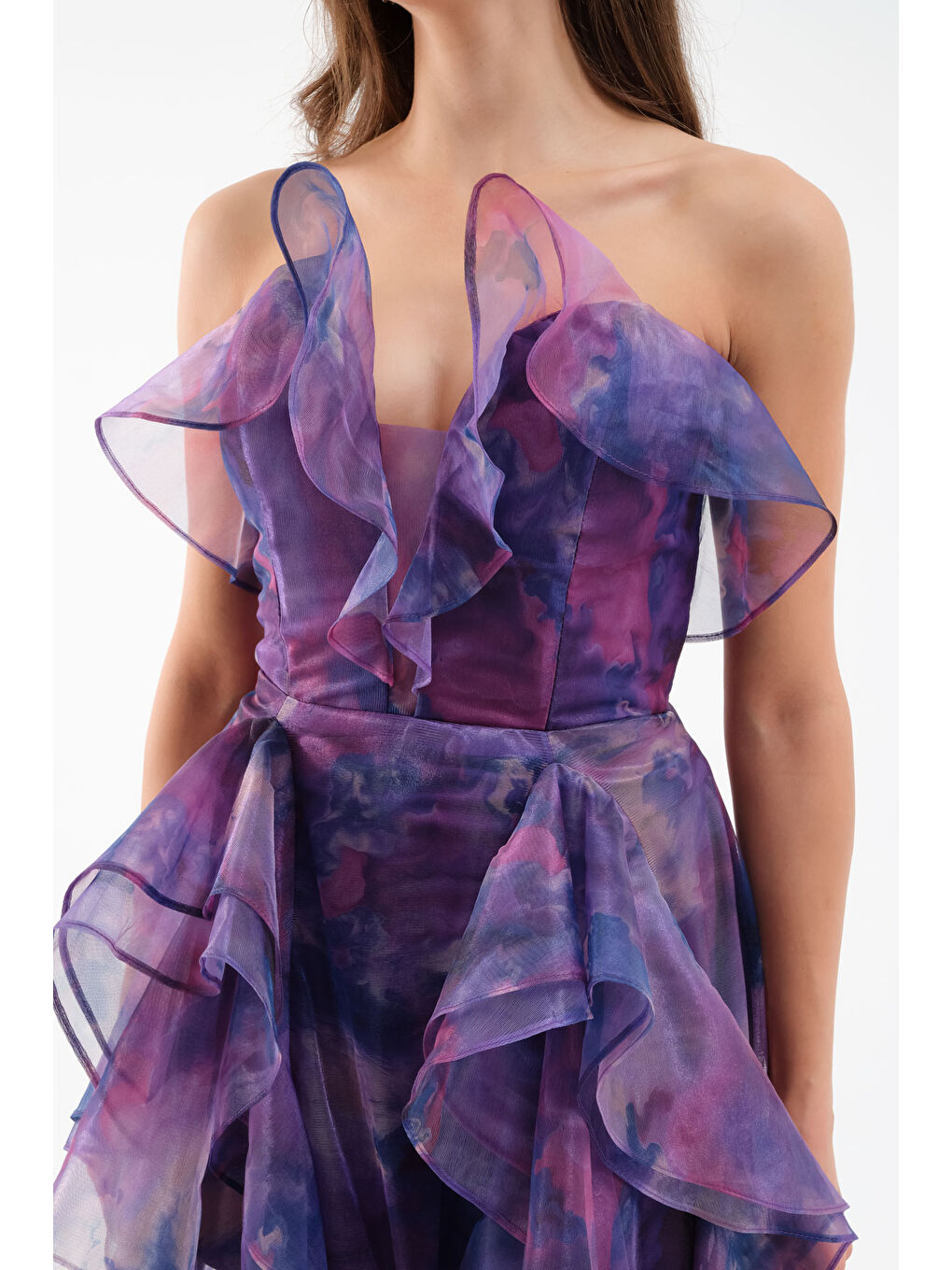 Kadın Mor Desenli Organze Uzun Abiye Elbise-1