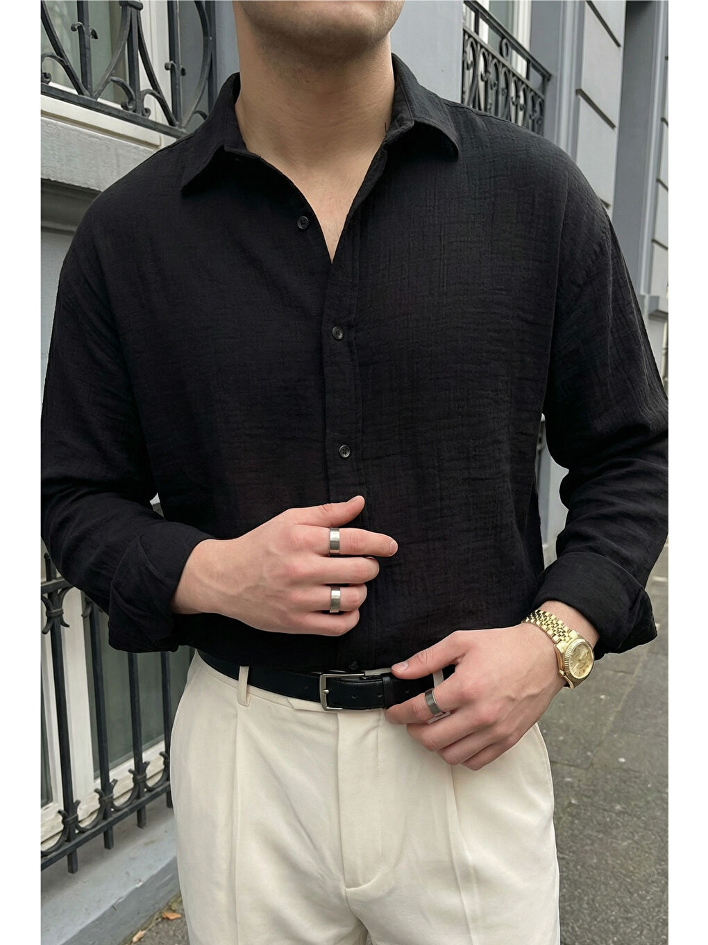 Siyah Yurin Erkek Premium Müslin %100 Pamuk Oversize Uzun Kollu Gömlek-5