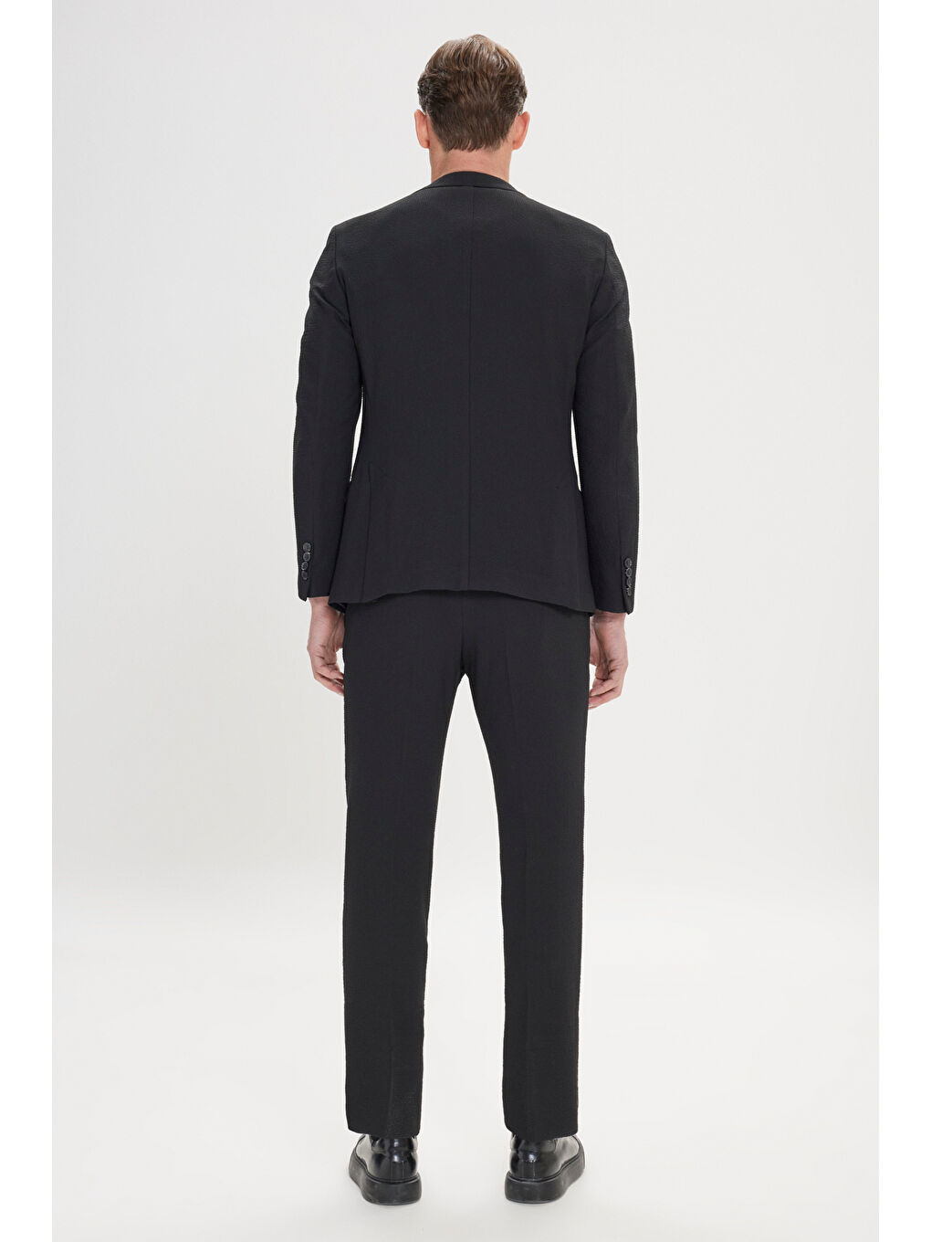 Erkek Siyah Slim Fit Dar Kesim Mono Yaka Gofre Desenli Takım Elbise-6