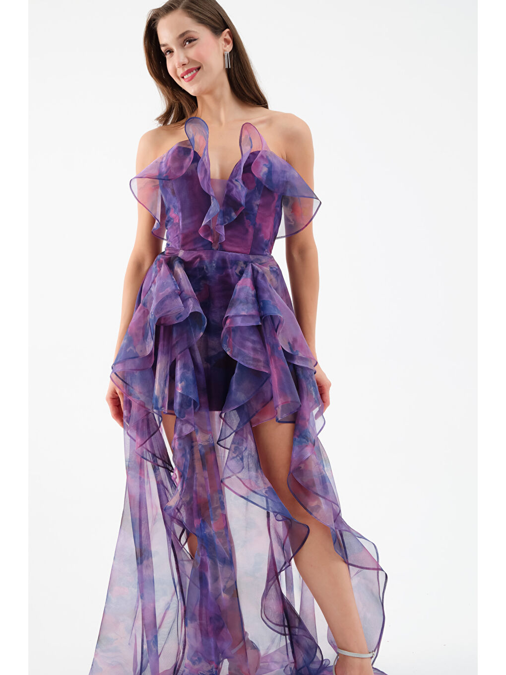 Kadın Mor Desenli Organze Uzun Abiye Elbise-2