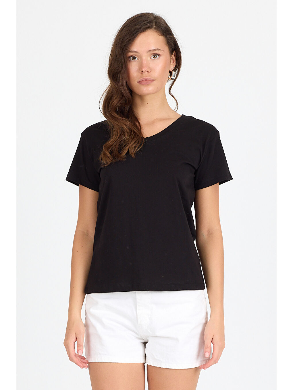 Siyah Kadın V Yaka T-shirt 3005