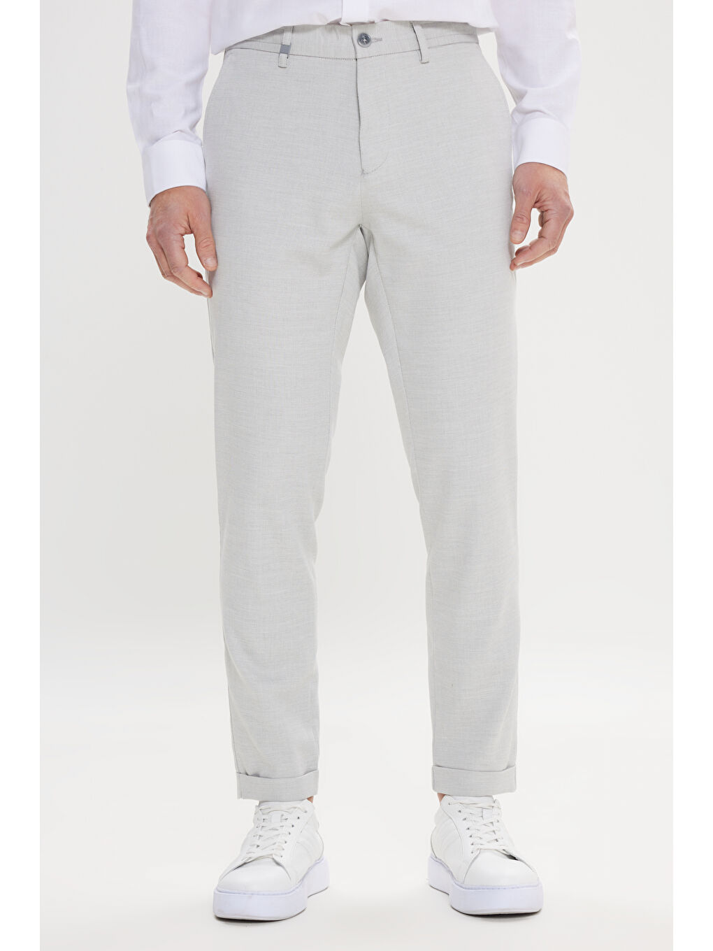 Erkek Gri Pamuklu Slim Fit Dar Kesim Beli Bağlamalı Yan Cep Armürlü Esnek Pantolon-2