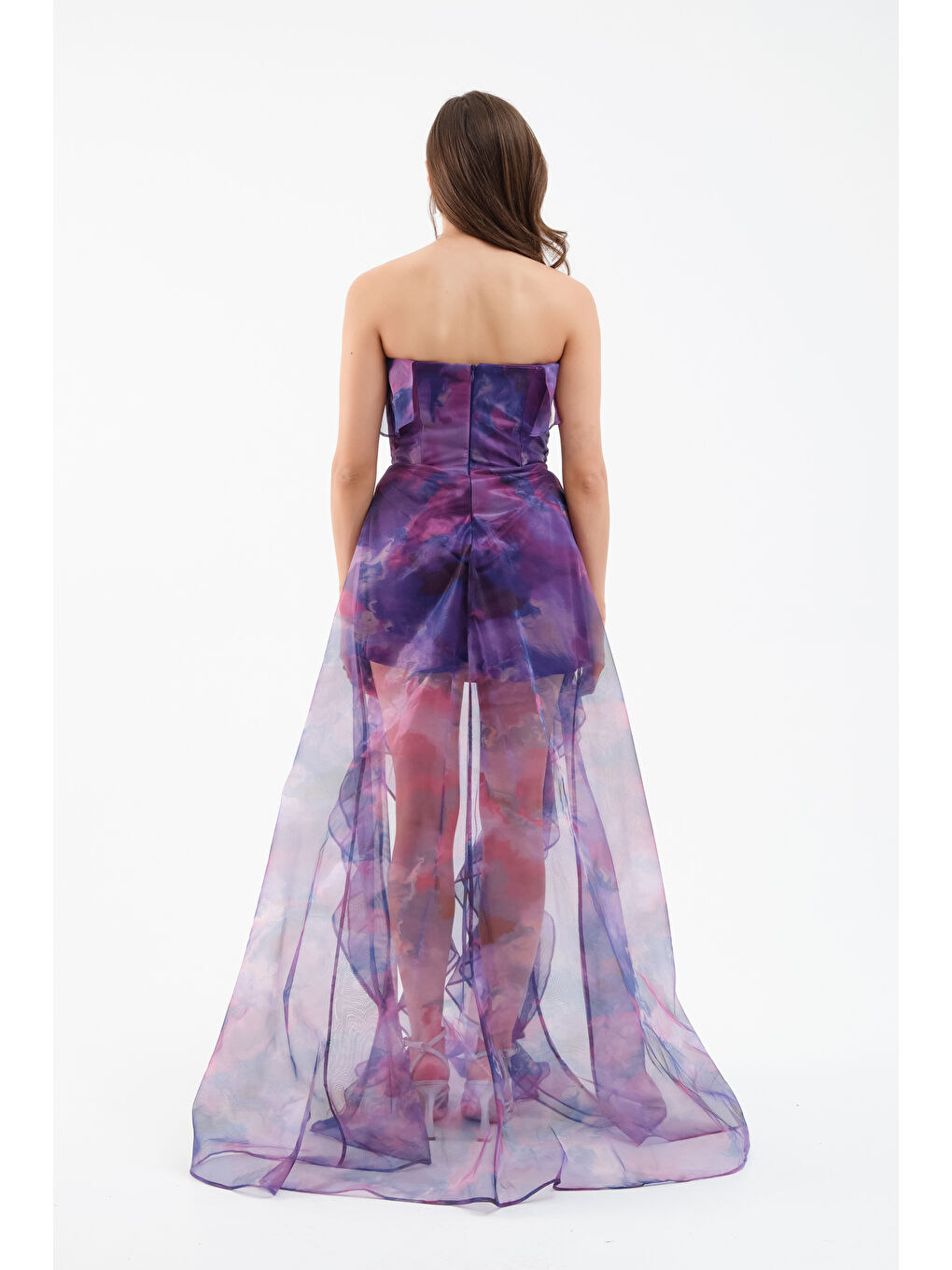 Kadın Mor Desenli Organze Uzun Abiye Elbise-4