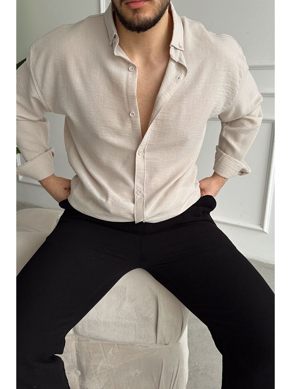 Bej Napas Erkek Oversize Keten Görünümlü Gömlek-1