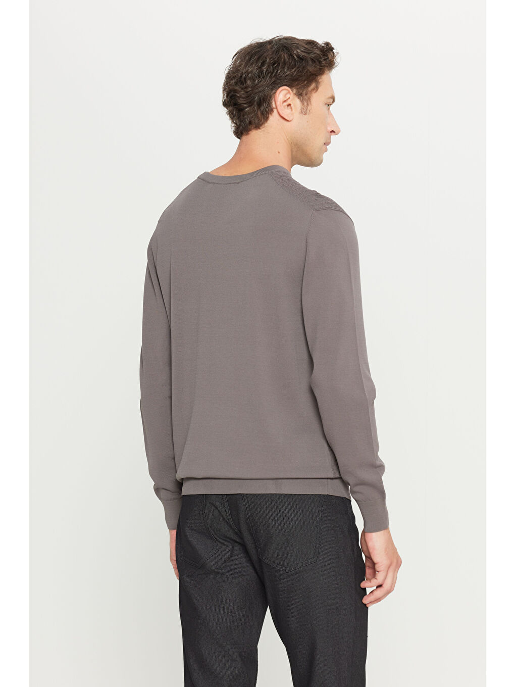 Erkek Antrasit Standart Fit Normal Kesim Bisiklet Yaka Jakarlı Triko Kazak-4