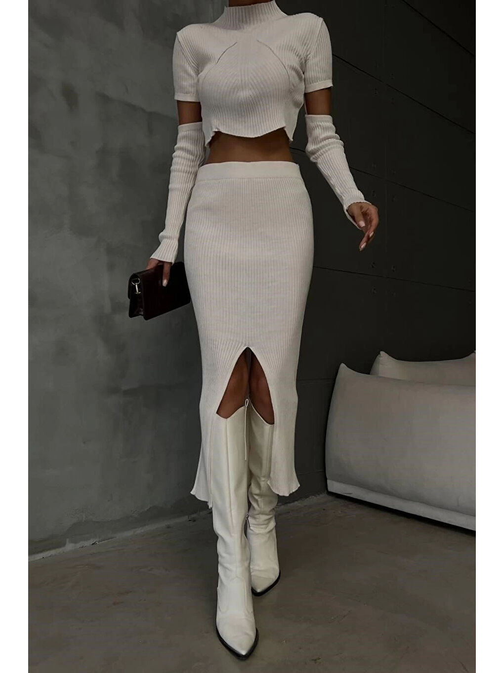 Kadın Ekru Parçalı Kol Etek Takım 0999-23229-2