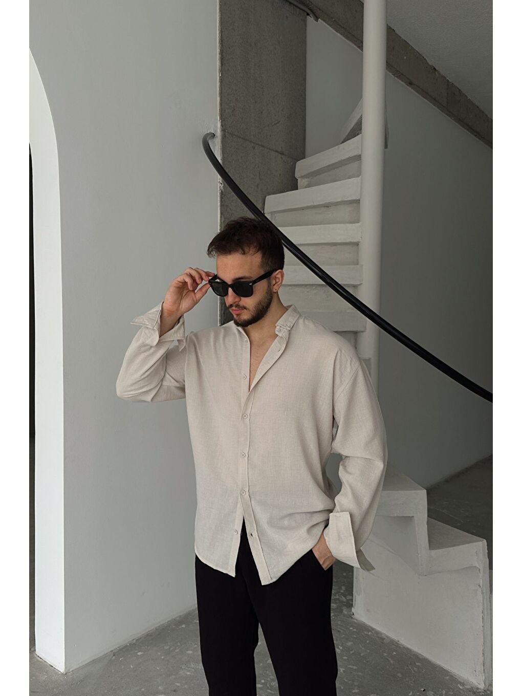 Bej Napas Erkek Oversize Keten Görünümlü Gömlek-2