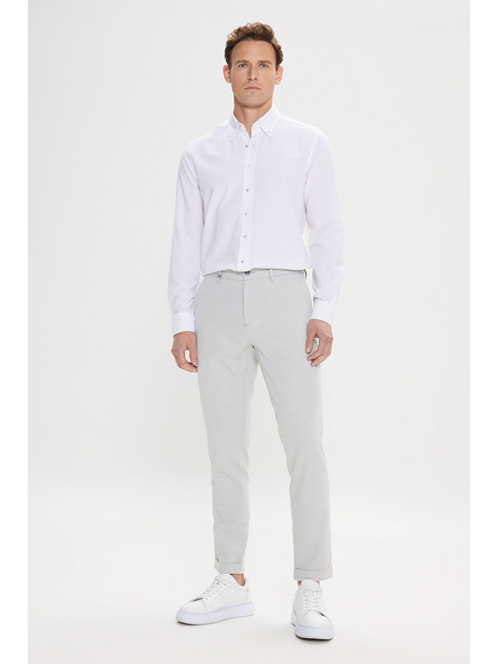 Erkek Gri Pamuklu Slim Fit Dar Kesim Beli Bağlamalı Yan Cep Armürlü Esnek Pantolon-3