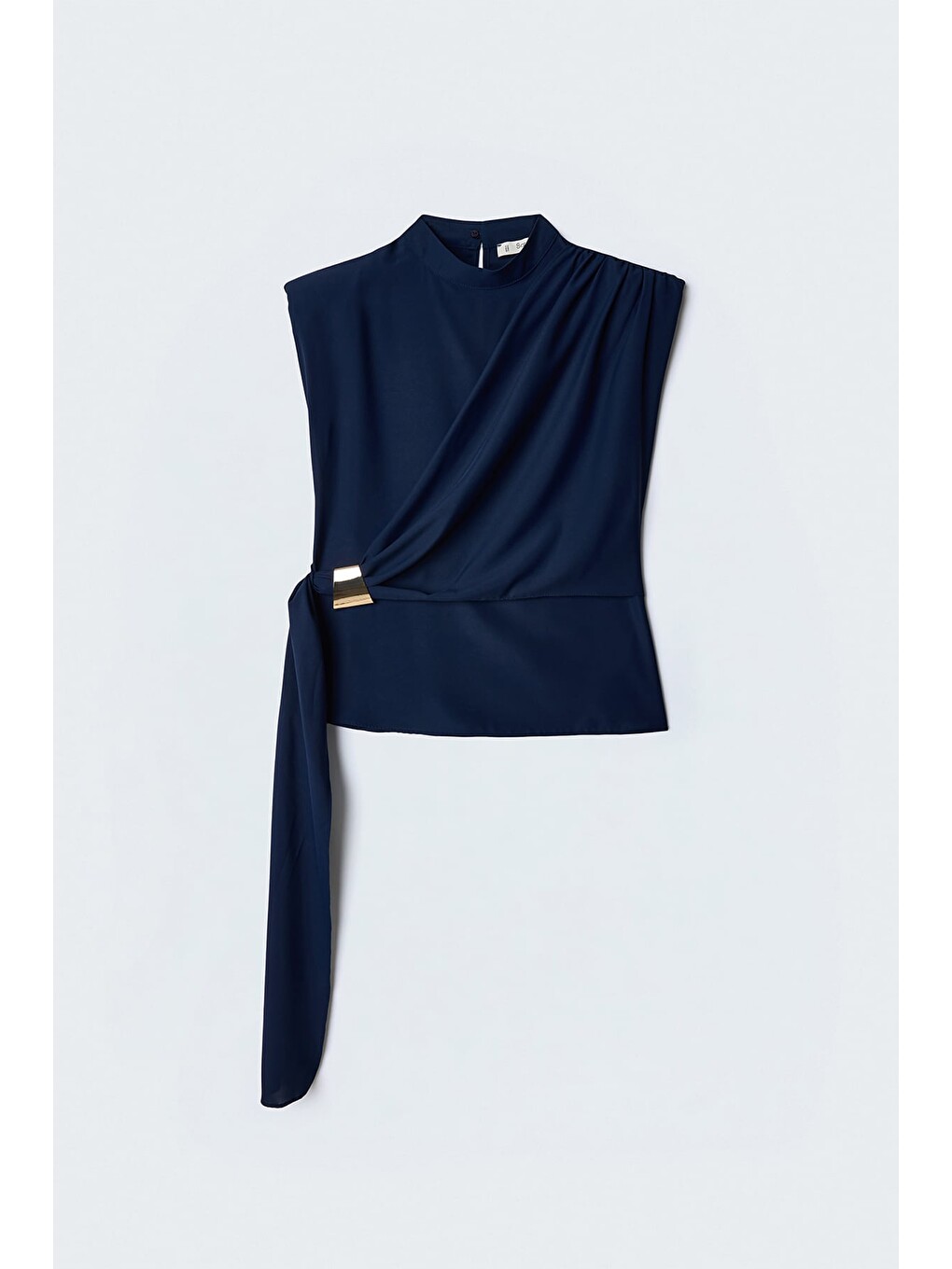 Kuşak Detaylı Aksesuarlı Bluz - Lacivert-3