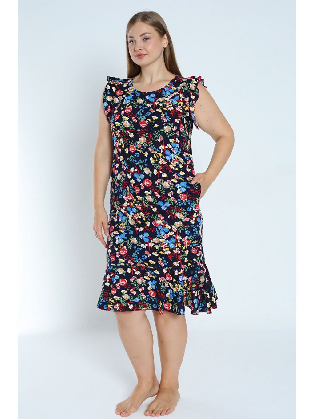 Lacivert kadın lacivert büyük beden desenli %100 pamuk cepli kolu ve eteği fırfırlı elbise-1