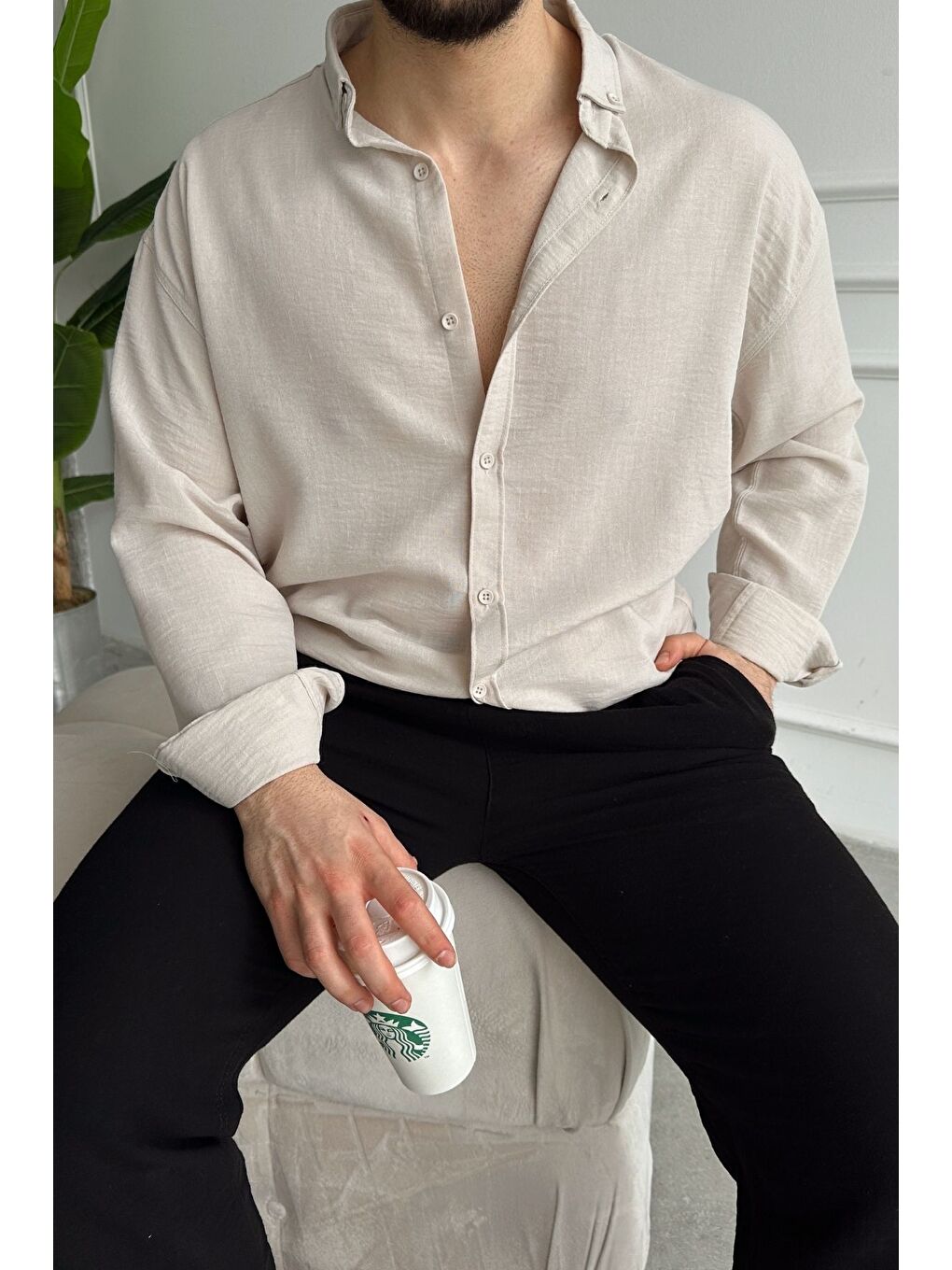 Bej Napas Erkek Oversize Keten Görünümlü Gömlek-3