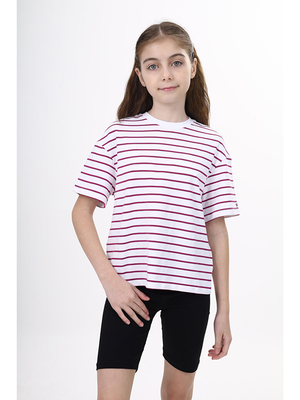 Mürdüm Unisex Çocuk Çizgili Tişört-1