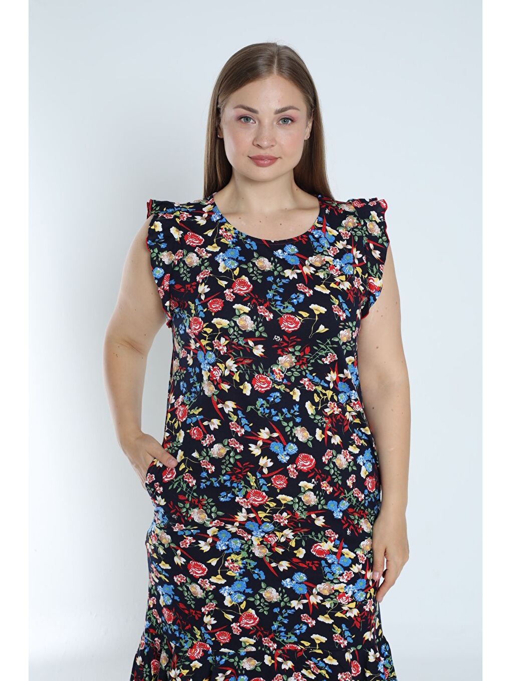 Lacivert kadın lacivert büyük beden desenli %100 pamuk cepli kolu ve eteği fırfırlı elbise-2