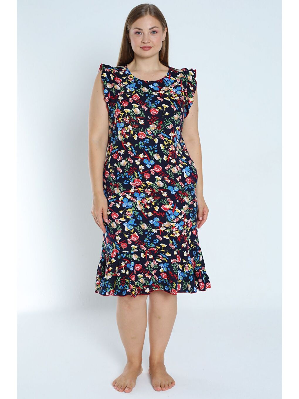 Lacivert kadın lacivert büyük beden desenli %100 pamuk cepli kolu ve eteği fırfırlı elbise-3