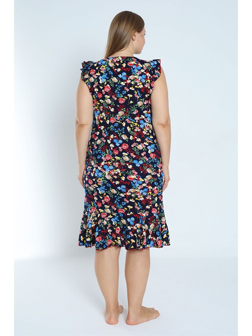 Lacivert kadın lacivert büyük beden desenli %100 pamuk cepli kolu ve eteği fırfırlı elbise-4