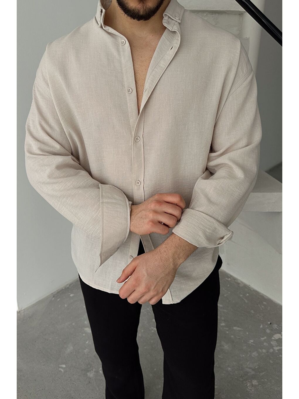 Bej Napas Erkek Oversize Keten Görünümlü Gömlek-4