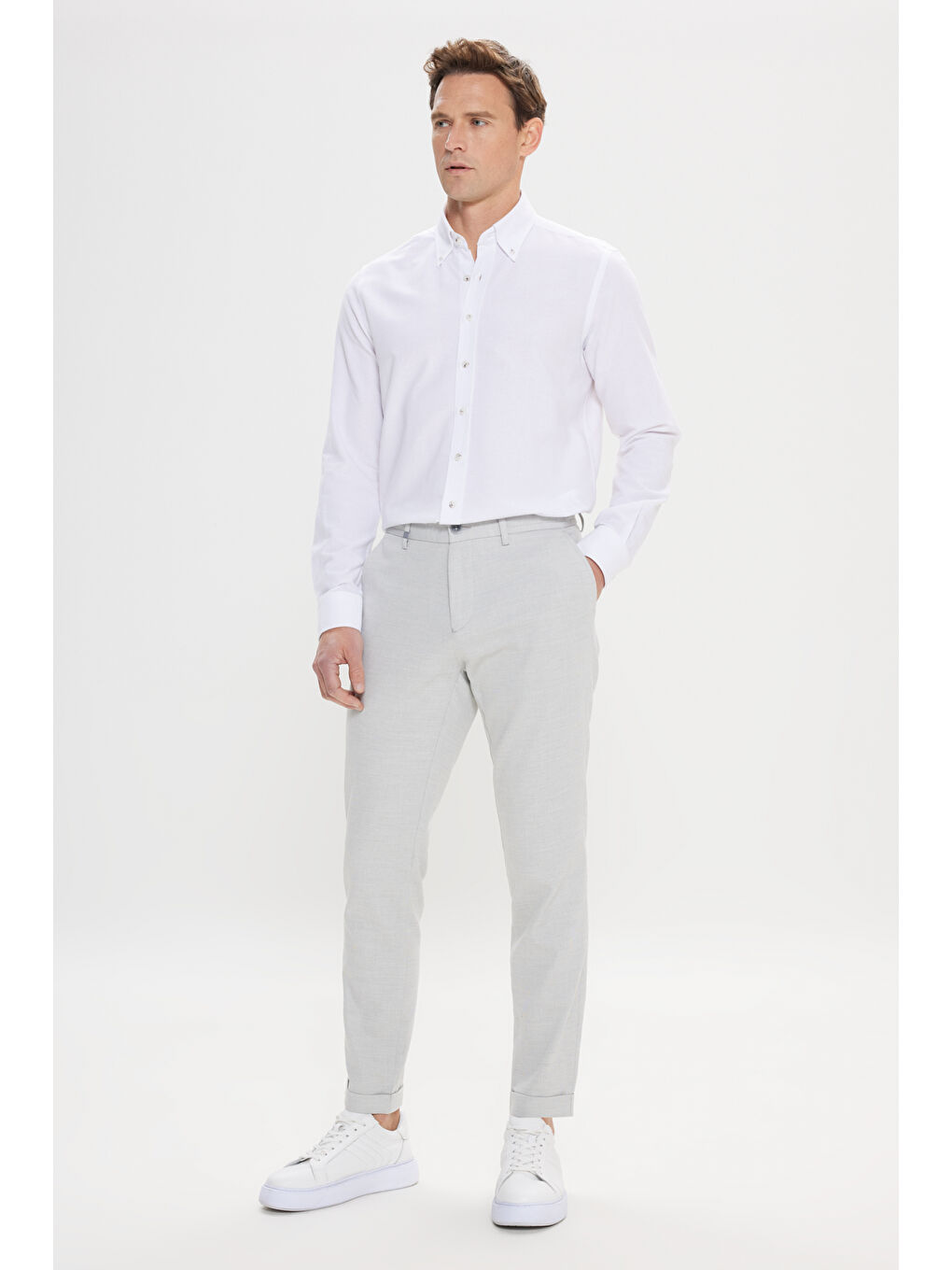 Erkek Gri Pamuklu Slim Fit Dar Kesim Beli Bağlamalı Yan Cep Armürlü Esnek Pantolon-4