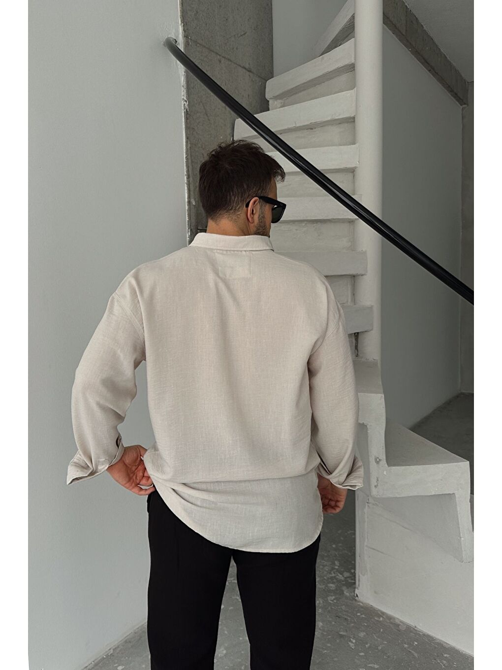 Bej Napas Erkek Oversize Keten Görünümlü Gömlek-5