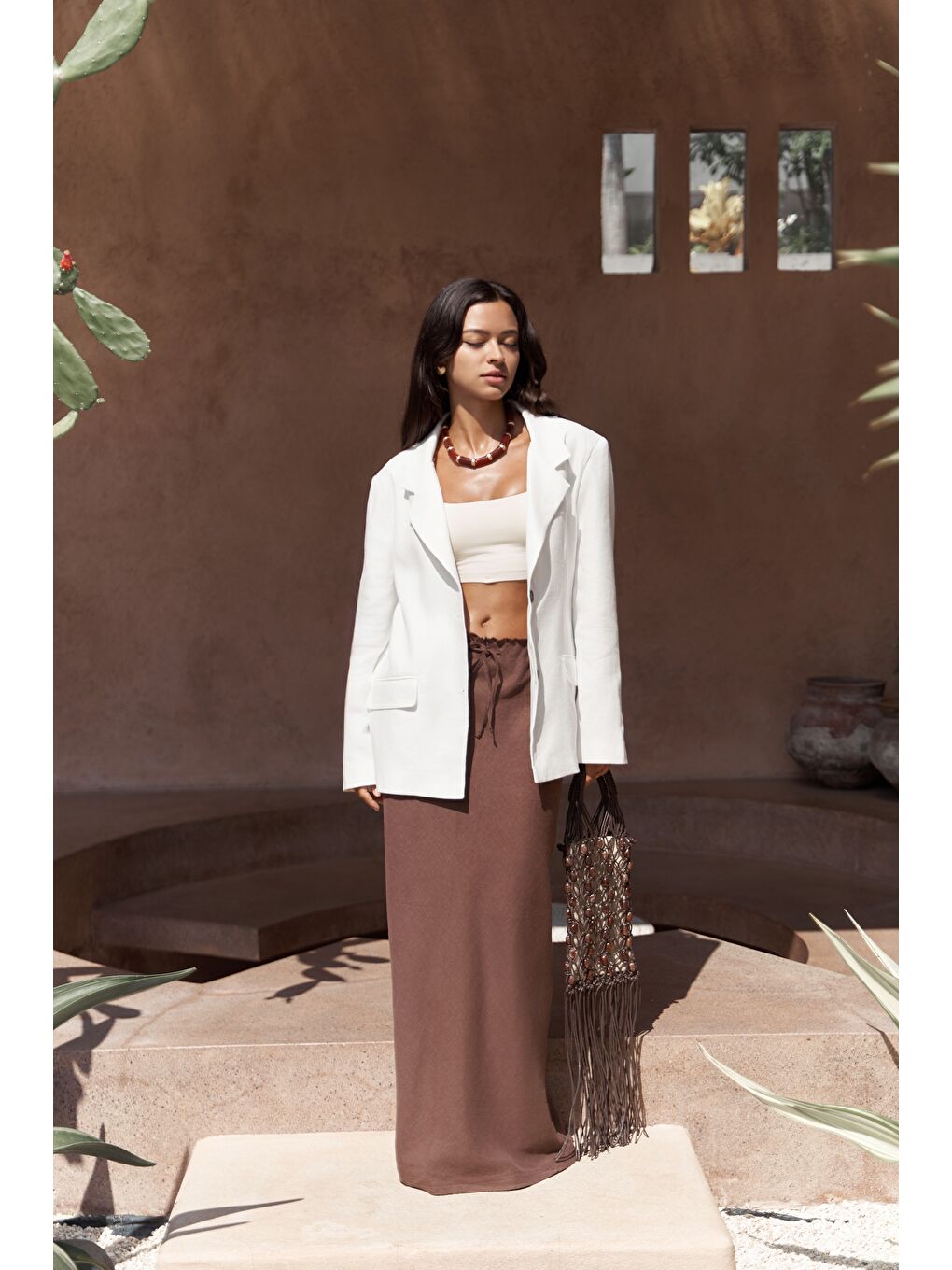 Brenna Beyaz Keten Blazer-1