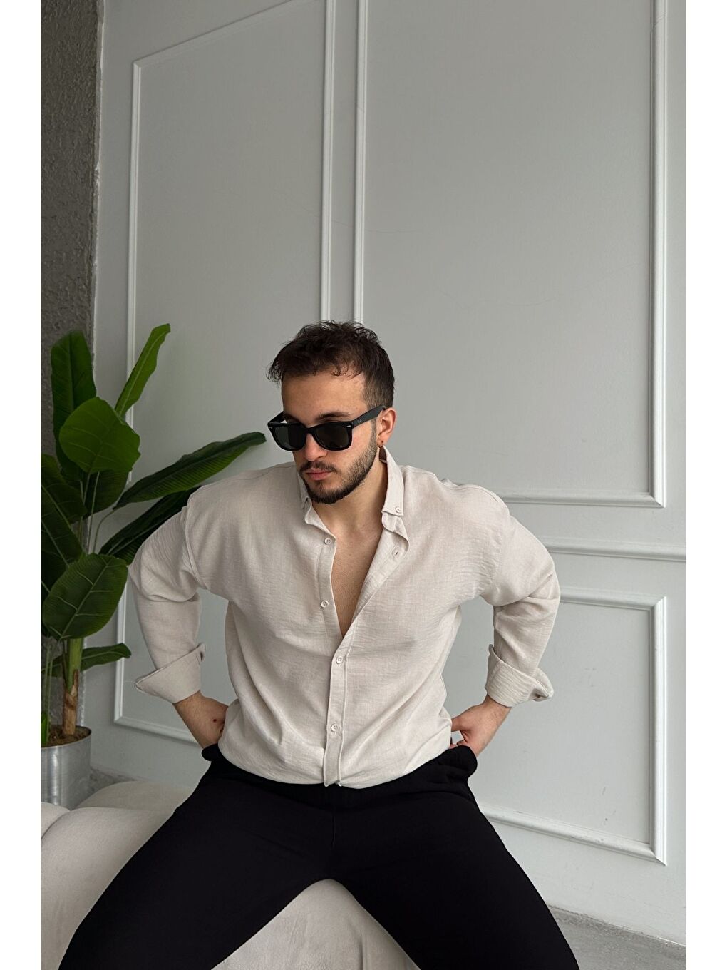 Bej Napas Erkek Oversize Keten Görünümlü Gömlek-6