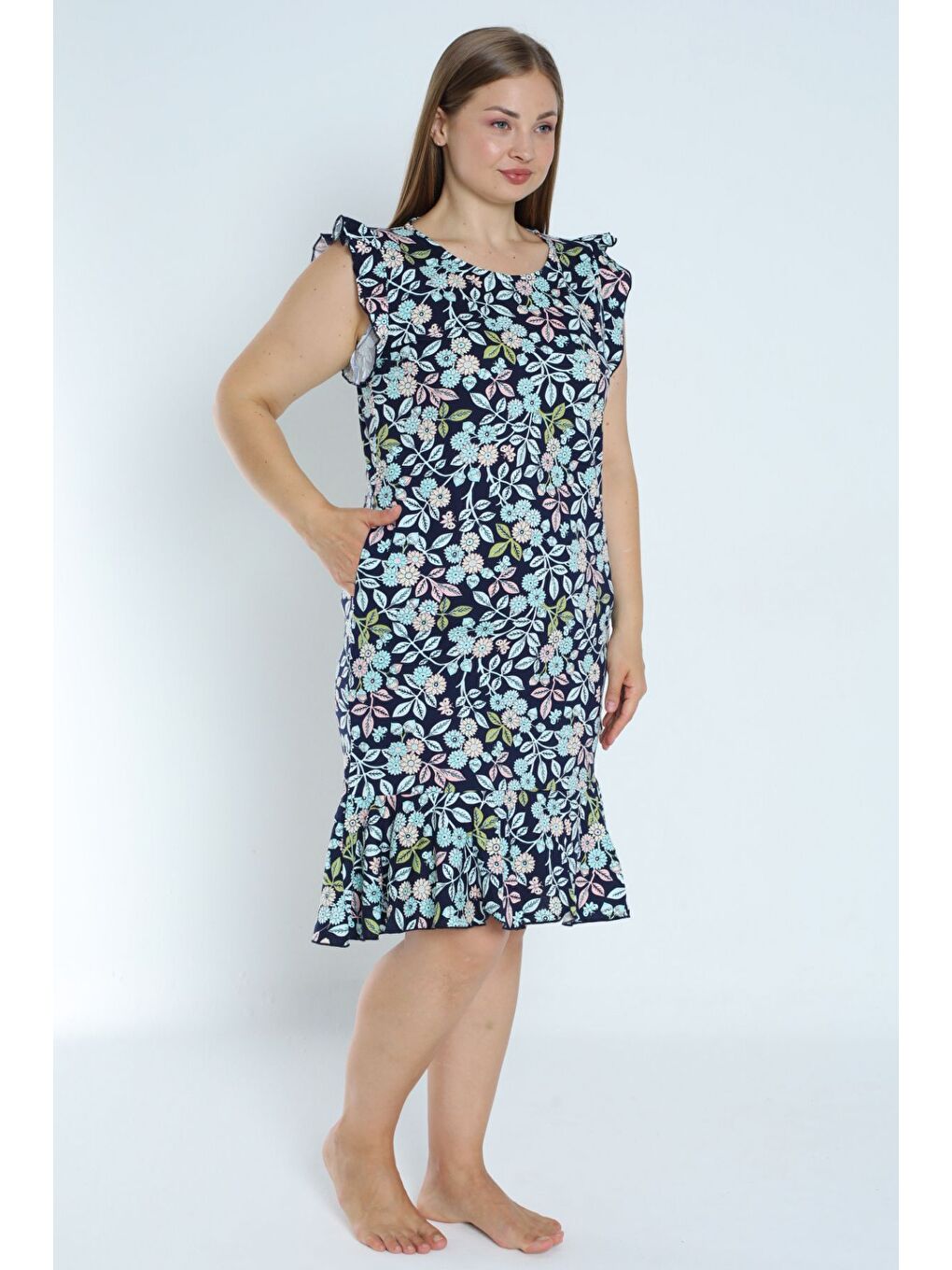 Lacivert kadın lacivert büyük beden desenli %100 pamuk cepli kolu ve eteği fırfırlı elbise-1